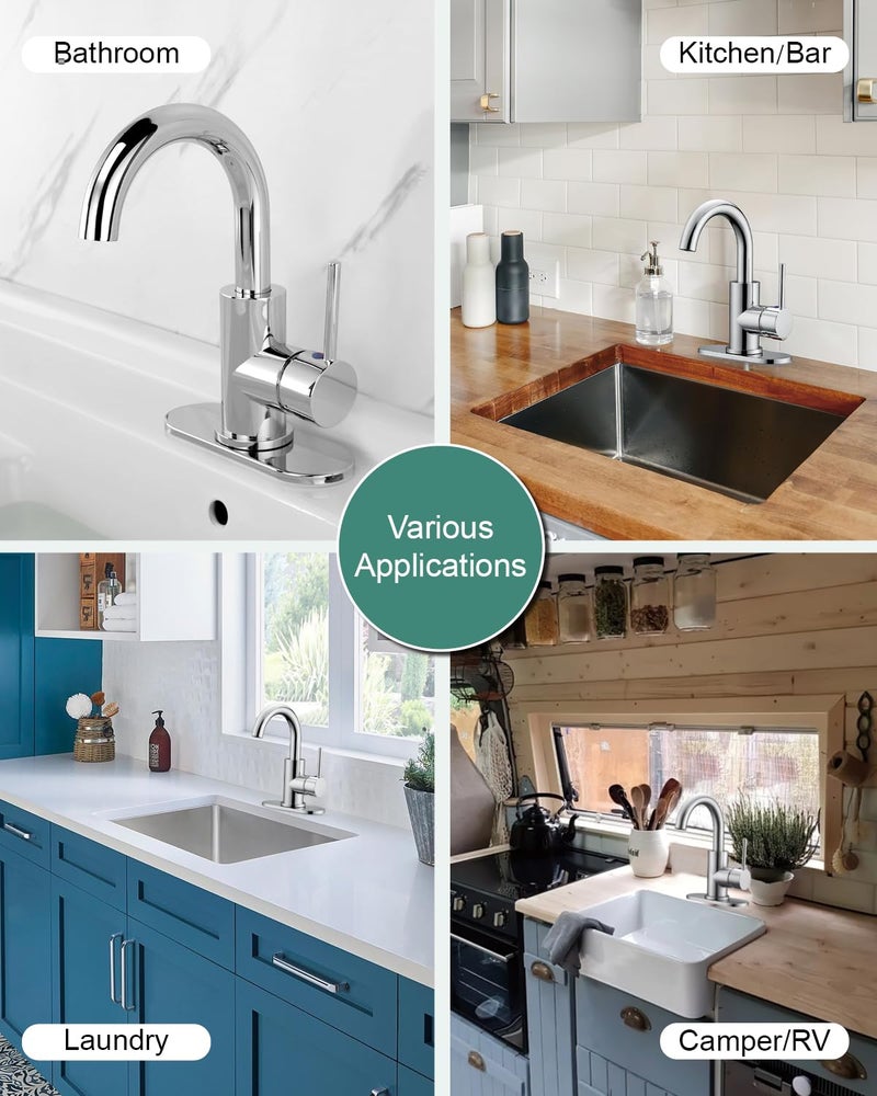 RKF Single-Handle Swivel Spout Bathroom Sink Faucet with Pop-up Drain with Overflow and Supply Hose,Bar Sink Faucet,Small Kitchen Faucet Tap,Chrome Polished,BF3501P-CP2 - Image 3